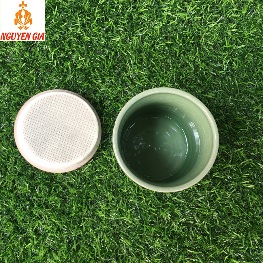 Hộp Trà Bằng Gốm Sứ Cao Cấp Men Rạn Giả Đá Hình Trụ Xanh Lá