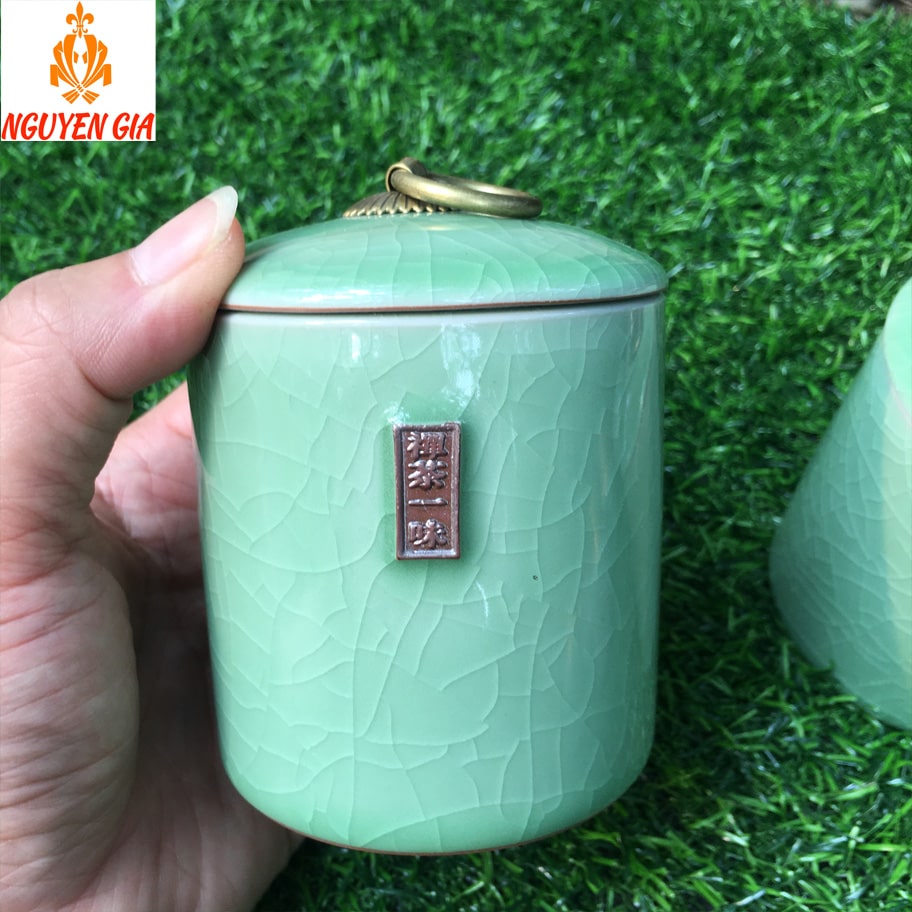 Hộp Trà Bằng Gốm Sứ Cao Cấp Men Rạn Giả Đá Hình Trụ Xanh Lá