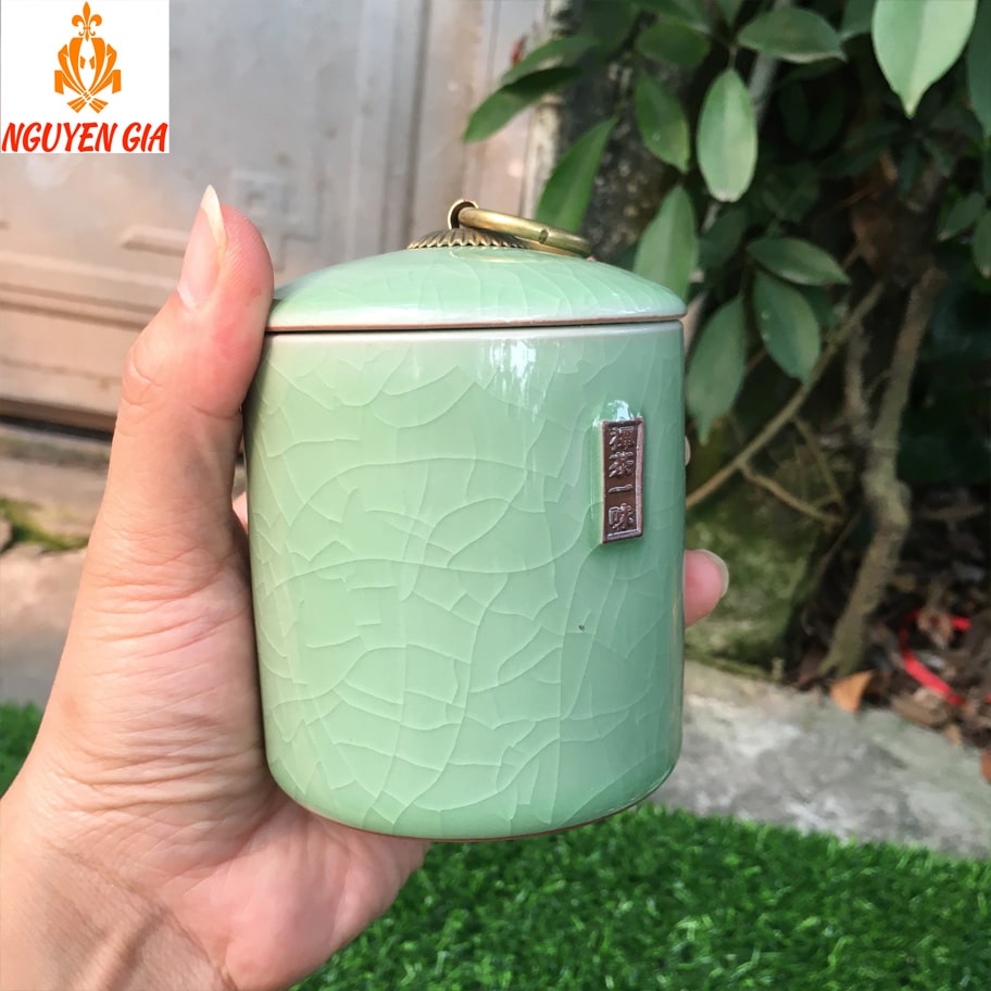 Hộp Trà Bằng Gốm Sứ Cao Cấp Men Rạn Giả Đá Hình Trụ Xanh Lá