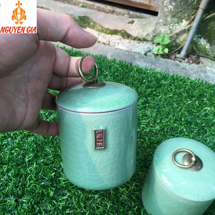Hộp Trà Bằng Gốm Sứ Cao Cấp Men Rạn Giả Đá Hình Trụ Xanh Lá