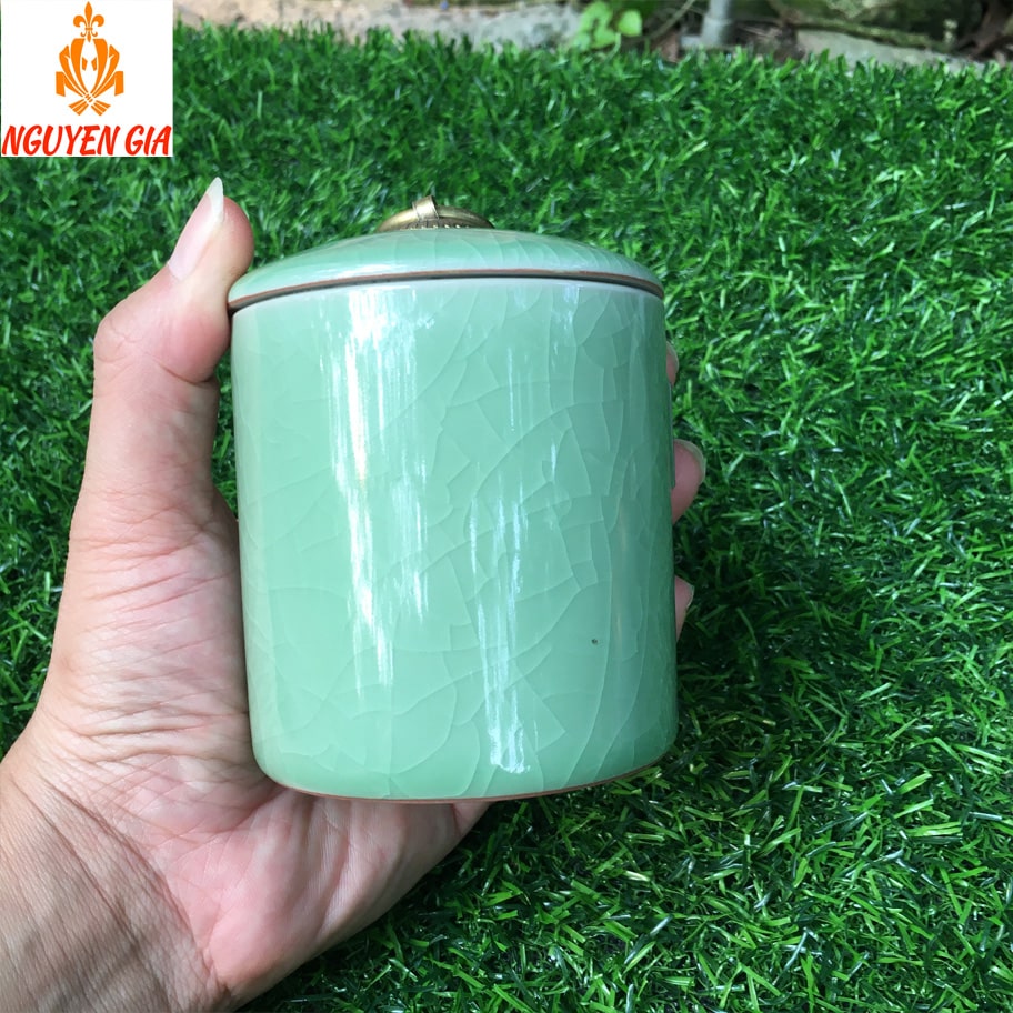 Hộp Trà Bằng Gốm Sứ Cao Cấp Men Rạn Giả Đá Hình Trụ Xanh Lá